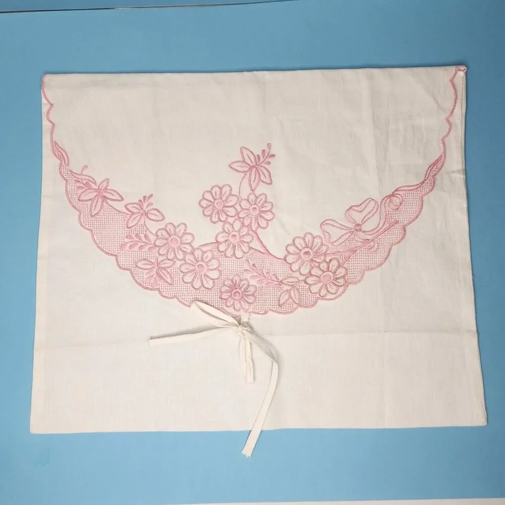 Pillow Cover Embroidered Pink White Foldover Pocket Case with Tie‎ 14x17